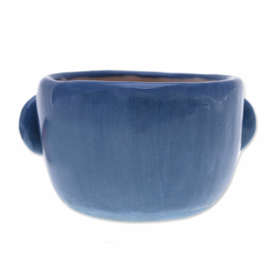 Ceramic mini flower pot, 'Sweet Elephant' - Ivory and Blue Ceramic Elephant Mini Flower Pot with Saucer