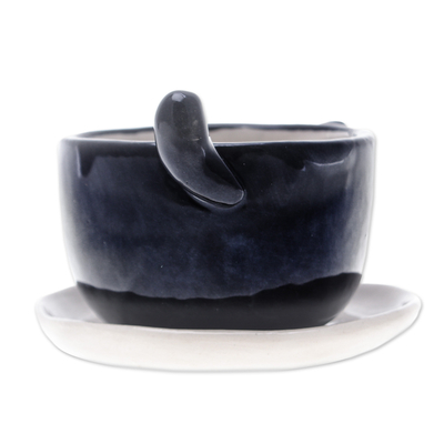 Mini macetero de cerámica. - Mini maceta de cerámica negra con diseño de gato y platillo marfil