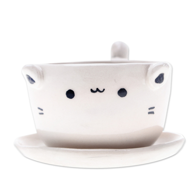 Mini macetero de cerámica. - Mini maceta de gato de cerámica marfil hecha a mano con platillo