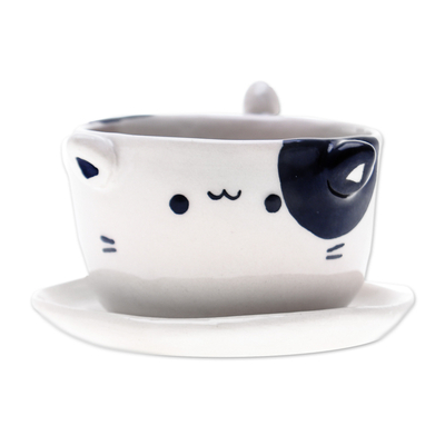 Ceramic mini flower pot, 'Kitty Magic' - Handcrafted Cat-Shaped Ceramic Mini Flower Pot with Saucer