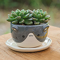 Ceramic mini flower pot, 'Kitty Spell' - Handmade Ivory Grey Ceramic Cat Mini Flower Pot with Saucer