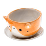 Ceramic mini flower pot, 'Kitty Energy' - Ceramic Cat Mini Flower Pot with Saucer in Ivory and Orange