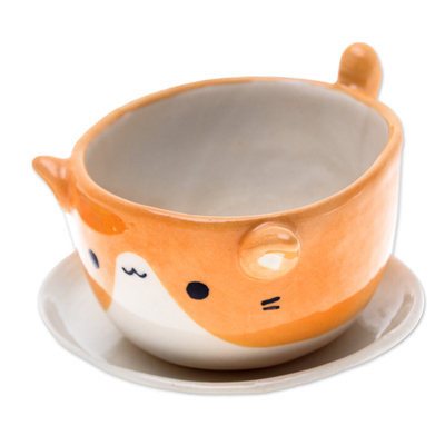Ceramic mini flower pot, 'Kitty Energy' - Ceramic Cat Mini Flower Pot with Saucer in Ivory and Orange