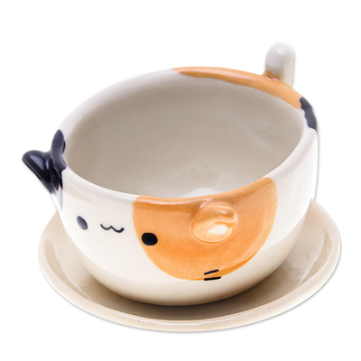 Ceramic mini flower pot, 'Kitty Fascination' - Ivory Orange Black Ceramic Cat Mini Flower Pot with Saucer