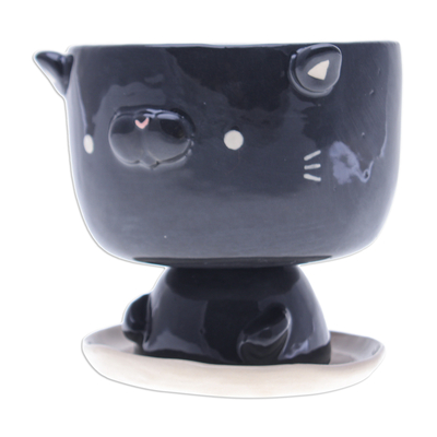 Mini macetero de cerámica. - Mini maceta de cerámica con platillo en forma de gato, color negro marfil