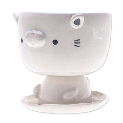 Ceramic mini flower pot, 'Endearing Kitty' - Cat-Shaped Ivory Ceramic Mini Flower Pot with Saucer
