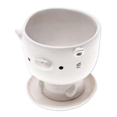 Ceramic mini flower pot, 'Endearing Kitty' - Cat-Shaped Ivory Ceramic Mini Flower Pot with Saucer