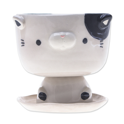 Mini macetero de cerámica. - Mini maceta de cerámica negra marfil con platillo en forma de gato