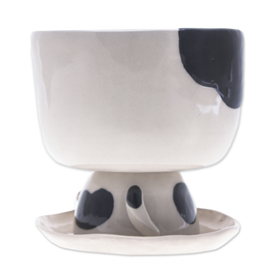 Ceramic mini flower pot, 'Adorable Kitty' - Cat-Shaped Ivory Black Ceramic Mini Flower Pot with Saucer