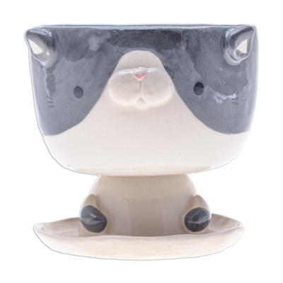 Ceramic mini flower pot, 'Bicolor Kitty' - Cat-Shaped Ivory Grey Ceramic Mini Flower Pot with Saucer