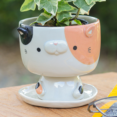 Ceramic mini flower pot, 'Sweet Kitty' - Handcrafted Cat-Shaped Ceramic Mini Flower Pot with Saucer