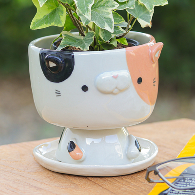 Ceramic mini flower pot, 'Sweet Kitty' - Handcrafted Cat-Shaped Ceramic Mini Flower Pot with Saucer