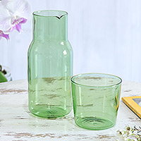 Juego de jarra y cristal de roca soplados a mano, 'Vital Elixir' - Juego de jarra verde transparente soplado a mano y cristal de roca