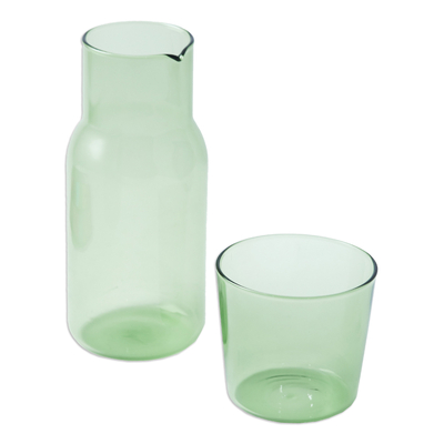 Juego de jarra soplada a mano y vaso bajo - Juego de jarra y vidrio de rocas de color verde claro soplado a mano