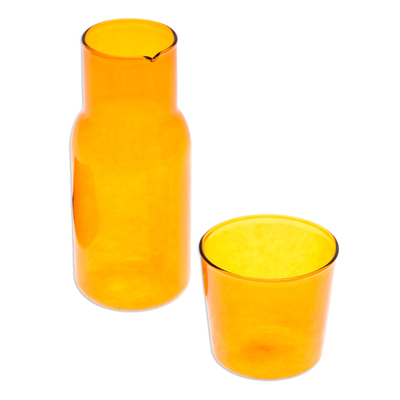 Handblown pitcher and rocks glass set, 'Victorious Elixir' - Handblown Clear Orange Pitcher and Rocks Glass Set