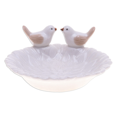 Ceramic catchall, 'Bird's Peace' - Handcrafted Bird-Themed Floral White Ceramic Catchall