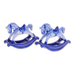 Ceramic figurines, 'Blue Amusement' (pair) - Blue and White Rocking Horse Ceramic Figurines (Pair)