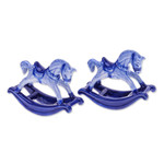 Ceramic figurines, 'Blue Amusement' (pair) - Blue and White Rocking Horse Ceramic Figurines (Pair)