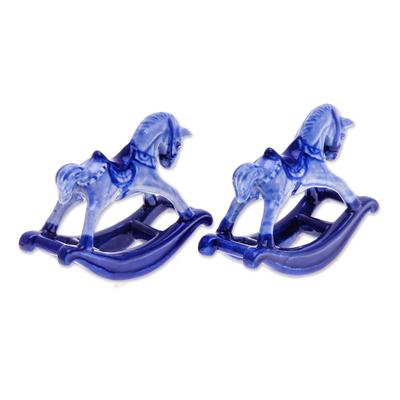 Ceramic figurines, 'Blue Amusement' (pair) - Blue and White Rocking Horse Ceramic Figurines (Pair)