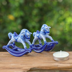 Ceramic figurines, 'Blue Amusement' (pair) - Blue and White Rocking Horse Ceramic Figurines (Pair)