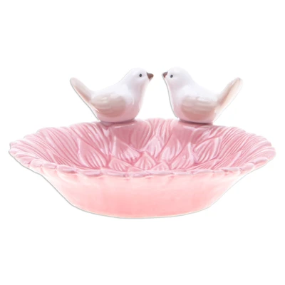 Ceramic catchall, 'Sweet Birds' - Handcrafted Bird-Themed Floral Pink Ceramic Catchall