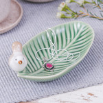 Ceramic catchall, 'Chants of Harmony' - Handcrafted Bird-Themed Leaf-Shaped Green Ceramic Catchall