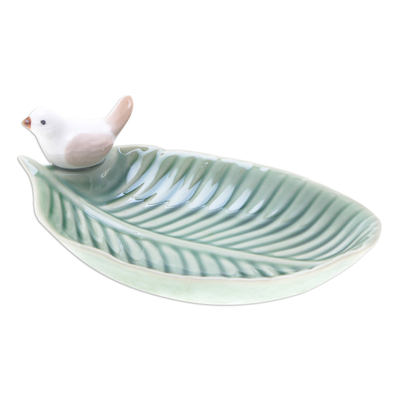 Ceramic catchall, 'Chants of Harmony' - Handcrafted Bird-Themed Leaf-Shaped Green Ceramic Catchall