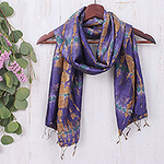 Hand-Spun Woven and Dyed Fringed Silk Batik Scarf in Purple, 'Purple Delight'
