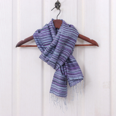 Silk scarf, 'Night Iridescence' - Handloomed Fringed Striped Blue, Grey and Purple Silk Scarf