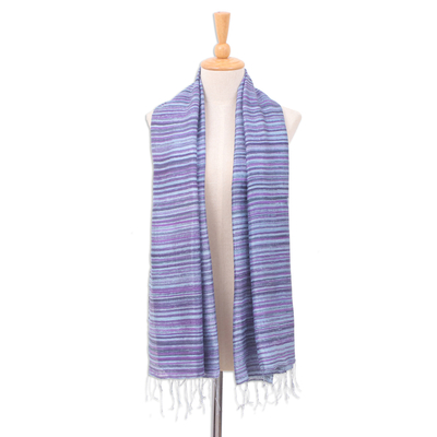 Silk scarf, 'Night Iridescence' - Handloomed Fringed Striped Blue, Grey and Purple Silk Scarf