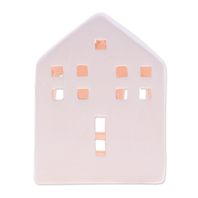 Portavelas de cerámica - Portavelas de cerámica con forma de casa, hecho a mano y pintado