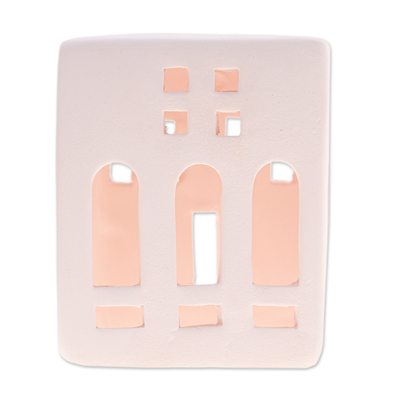 Portavelas de cerámica - Portavelas de cerámica con forma de casa pintada a mano en rosa