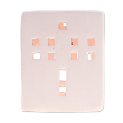 Portavelas de cerámica - Portavelas de cerámica con forma de casa pintada a mano en rosa