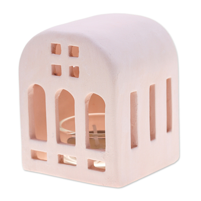 Portavelas de cerámica - Portavelas de cerámica con forma de casa en rosa, de Tailandia
