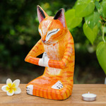 Wood sculpture, 'Kitten Yoga' - Handcrafted Yoga-Themed Orange Cat Raintree Wood Sculpture