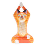 Wood sculpture, 'Kitten Growth' - Handmade Yoga-Themed Orange Cat Raintree Wood Sculpture