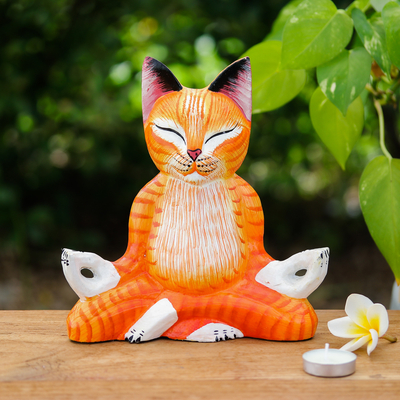 Wood sculpture, 'Kitten Enlightenment' - Meditation-Themed Orange Cat Raintree Wood Sculpture