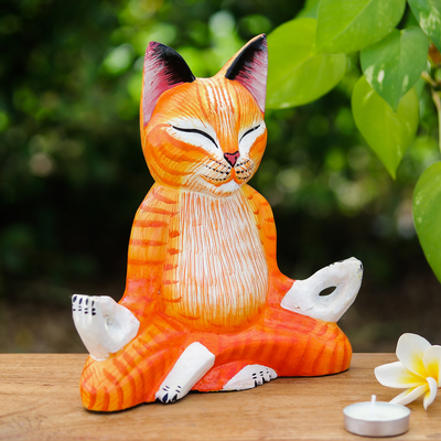 Escultura en madera - Escultura de madera de árbol de lluvia de gato naranja con temática de meditación
