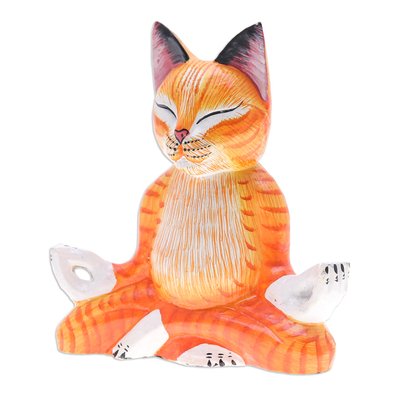 Wood sculpture, 'Kitten Enlightenment' - Meditation-Themed Orange Cat Raintree Wood Sculpture