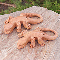 Wood ocarinas, 'Gecko Song' (pair) - Hand-Carved Raintree Wood Gecko Ocarina Pair from Thailand