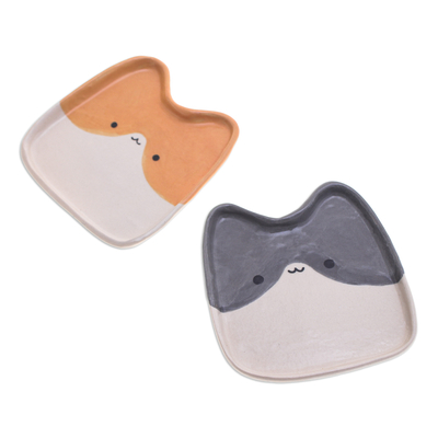 Ceramic catchalls, 'Dual Felines' (set of 2) - Set of 2 Cat-Shaped Black and Orange Ceramic Catchalls
