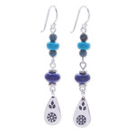 Multi-gemstone dangle earrings, 'Thai Glam' - Multi-Gemstone Dangle Earrings with Silver Hill Tribe Motifs