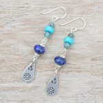 Multi-gemstone dangle earrings, 'Thai Glam' - Multi-Gemstone Dangle Earrings with Silver Hill Tribe Motifs