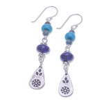 Multi-gemstone dangle earrings, 'Thai Glam' - Multi-Gemstone Dangle Earrings with Silver Hill Tribe Motifs
