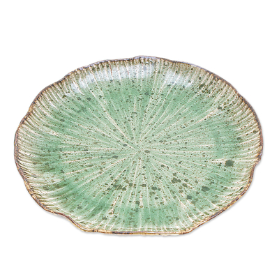 Plato de almuerzo de cerámica Celadon - Plato De Almuerzo De Cerámica De Celadón Verde Moteado Inspirado En El Loto