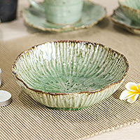 Celadon ceramic bowl, 'Lotus Table' - Lotus-Inspired Speckled Green Celadon Ceramic Bowl