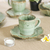 Celadon ceramic cup and saucer, 'Lotus Table' - Lotus-Inspired Speckled Green Celadon Ceramic Cup and Saucer