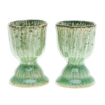 Celadon ceramic egg cups, 'Green Treats' (pair) - Lotus-Themed Crackled Green Celadon Ceramic Egg Cups (Pair)