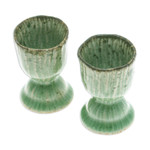 Celadon ceramic egg cups, 'Green Treats' (pair) - Lotus-Themed Crackled Green Celadon Ceramic Egg Cups (Pair)