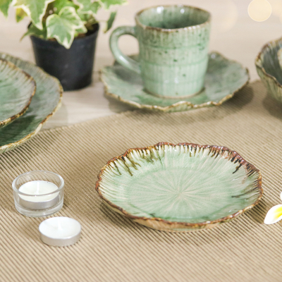 Celadon ceramic appetizer plate, 'Lotus Table' - Lotus-Themed Speckled Green Celadon Ceramic Appetizer Plate